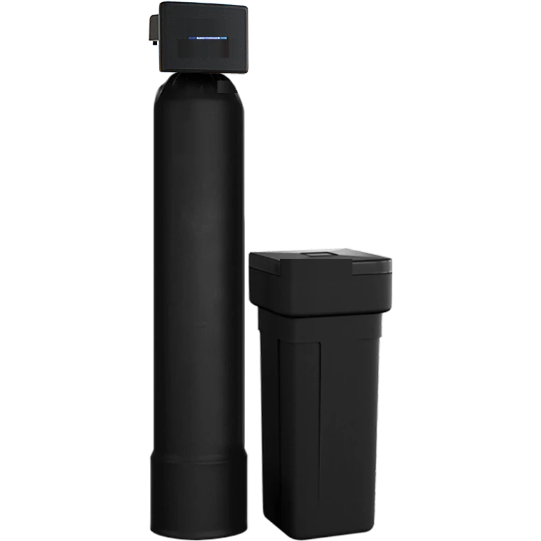 CleanLine Water Co. whole home water softener for Austin TX homes, single black softening tank with metered control valve and matching black brine tank installed on a garage water softener loop