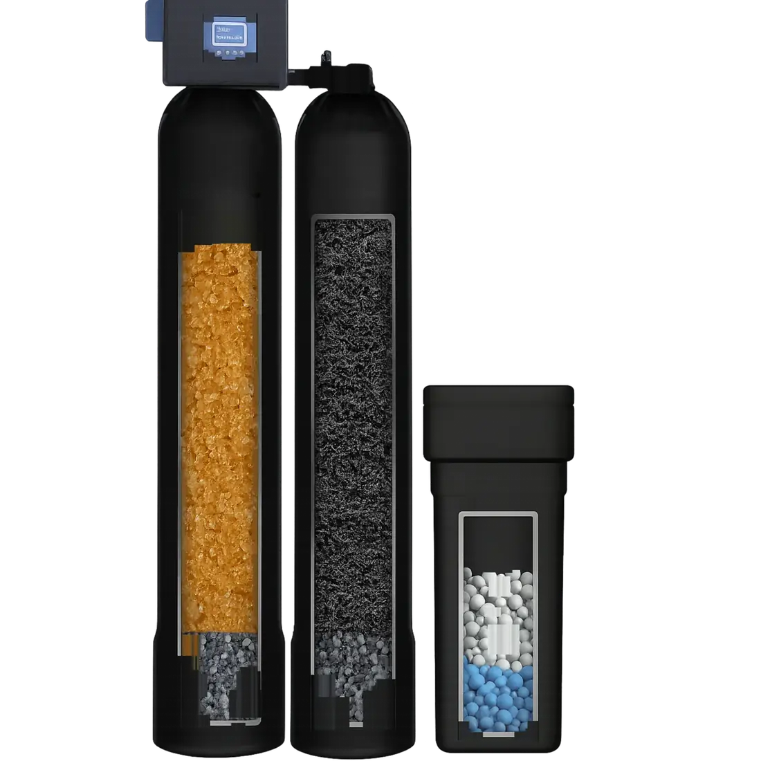 CleanLine Water Co. dual tank water treatment system for large Austin TX homes, separate water softening resin tank and catalytic carbon filtration tank with metered valves plus a brine tank for high demand hard water