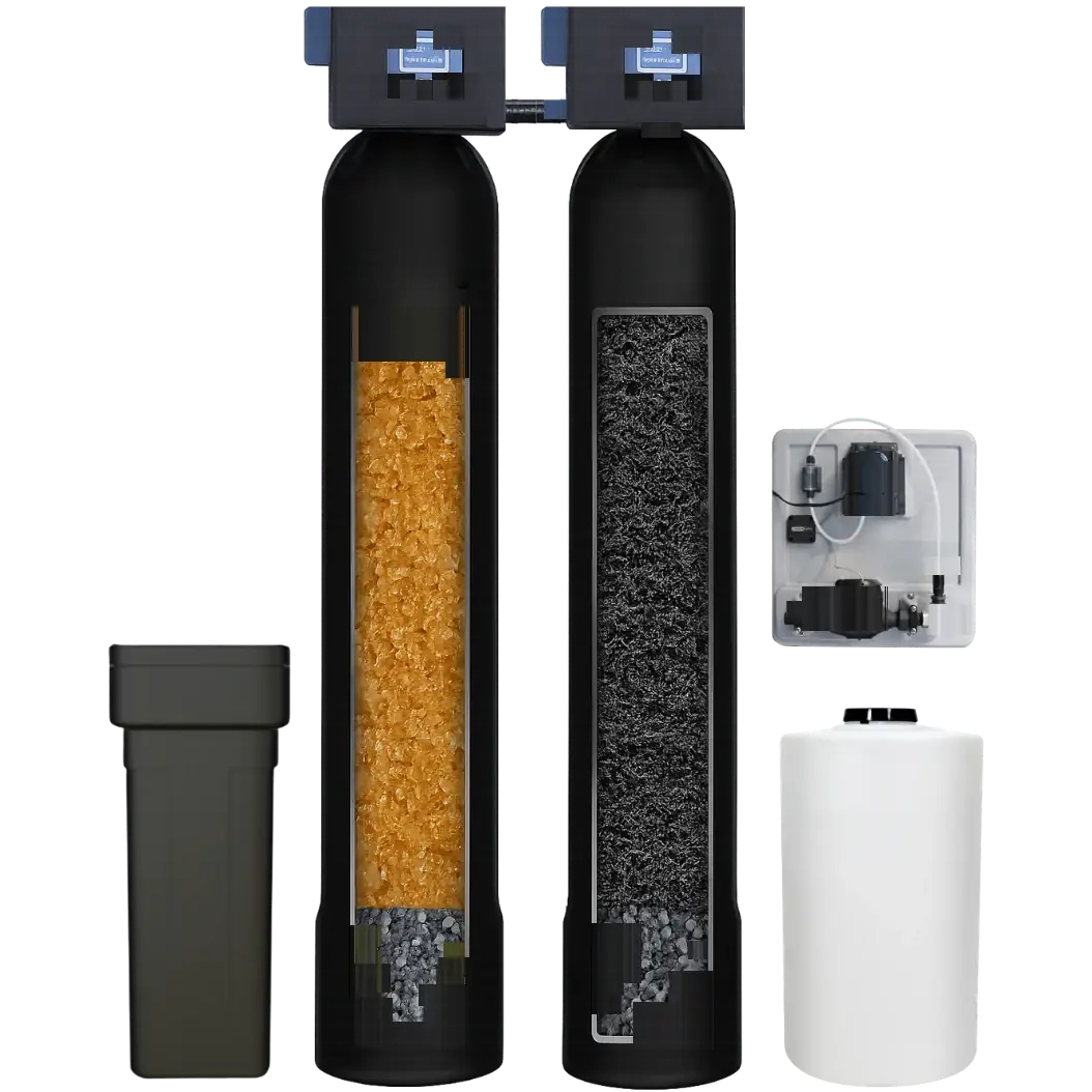 CleanLine Water Co. iron and sulfur removal system for Central Texas well water, black oxidizing filtration tank with air injection control valve that clears orange staining and rotten egg odor