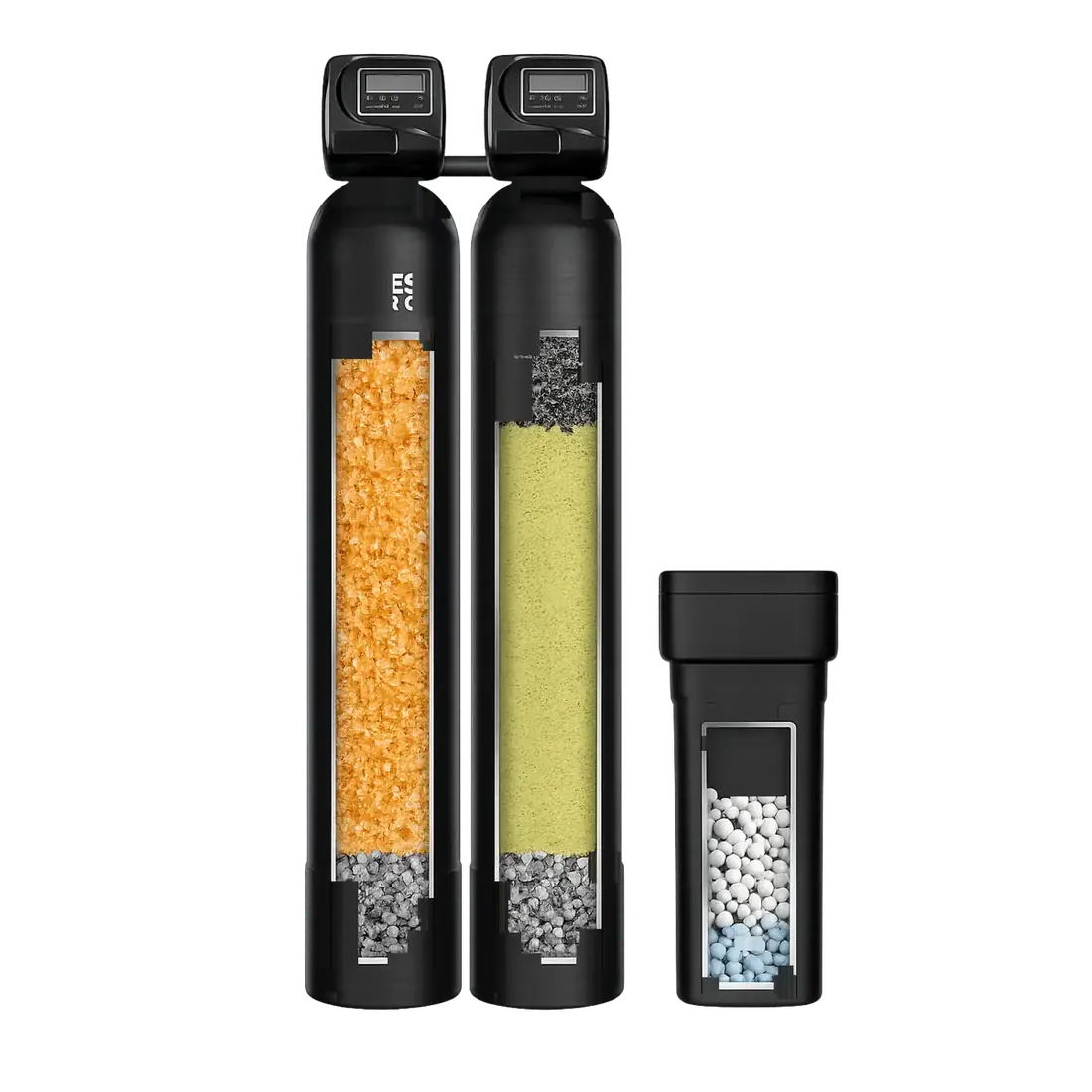 CleanLine Water Co. well water treatment system for Central Texas well owners, iron and sulfur oxidizing filter tank, water softener tank, sediment pre-filter housing, chemical feed pump and solution tank