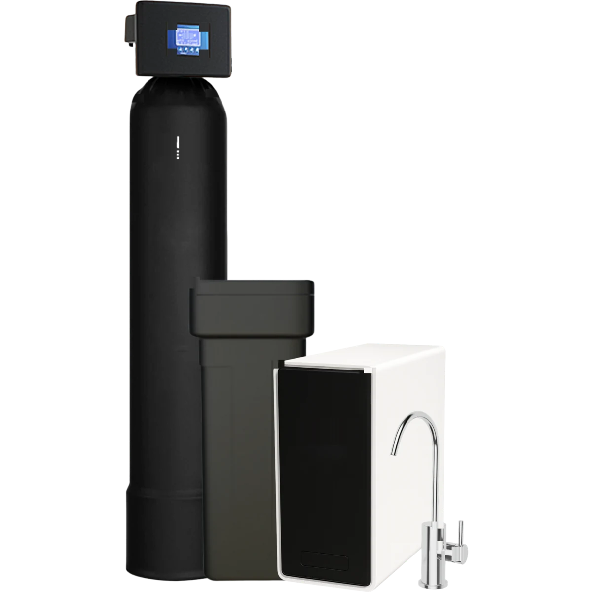 CleanLine Water Co. Complete Home Package installed in Austin TX: whole home water softener tank, catalytic carbon chlorine filter tank, brine tank and RO-5 reverse osmosis drinking water system